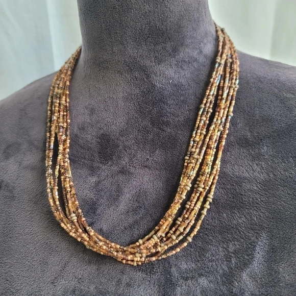 Silver Tone Brown Glass Seed Bead Multi Strand Fashion Necklace 20"+3" - Picture 5 of 10